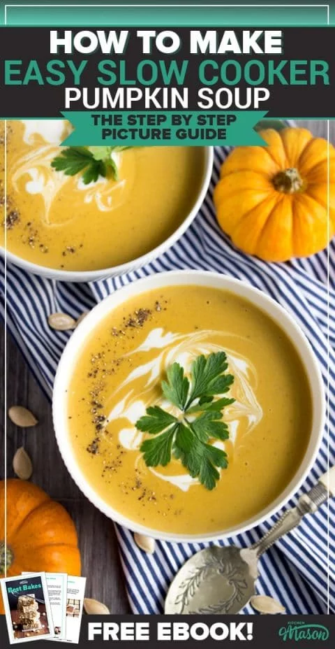 two bowls of slow cooker pumpkin soup topped with cream and parsley