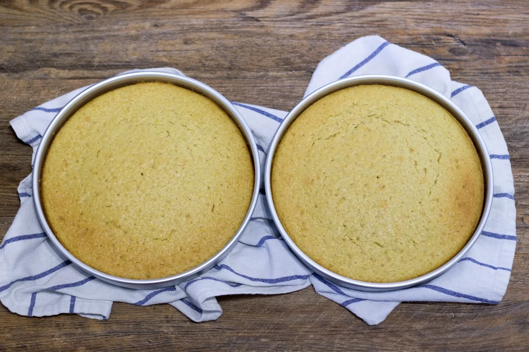 baked dairy free / vegan lemon cake layers in round tins
