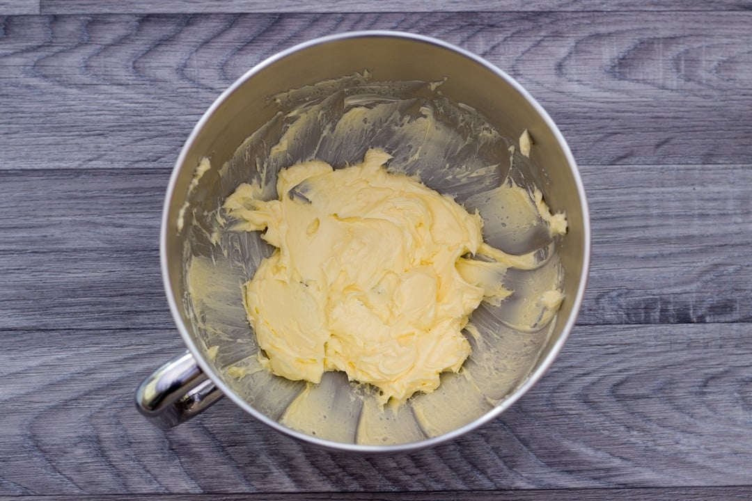 creamed butter in a stand mixer bowl