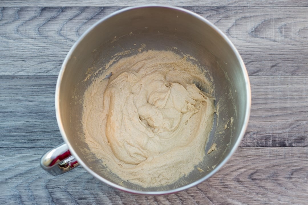 sunflower spread, sugar, vanilla and soy milk creamed together in a stand mixer
