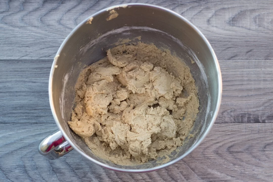 vegan cookie dough in a stand mixer bowl