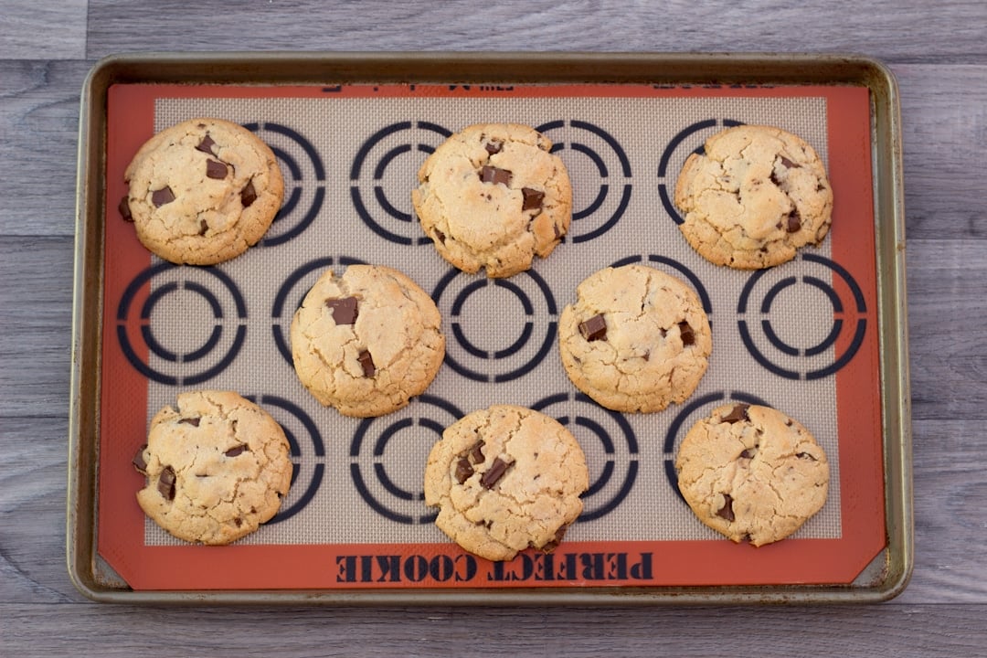 vegan chocolate chip cookies on a baking tray