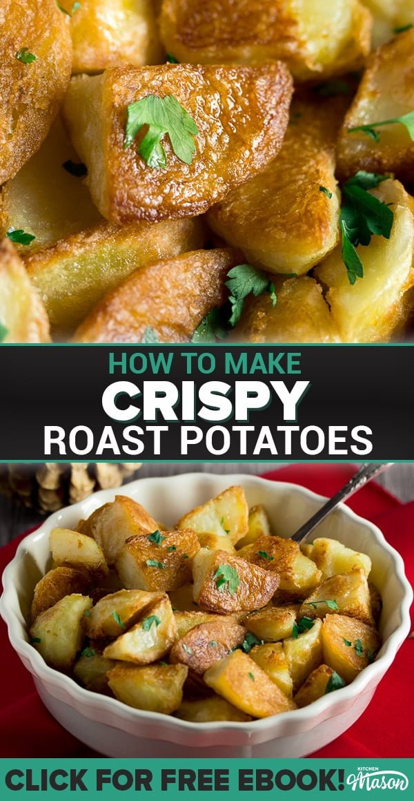 golden crispy roast potatoes in a dish scattered with parsley