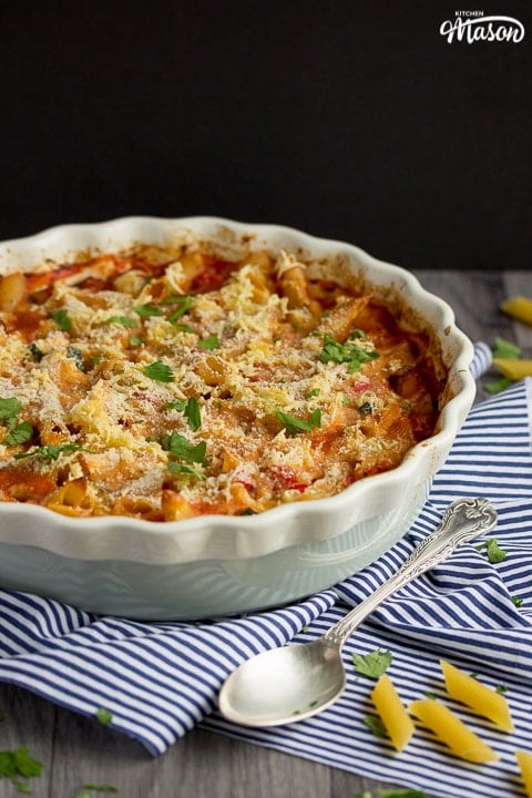 vegetable pasta bake in an oven proof dish