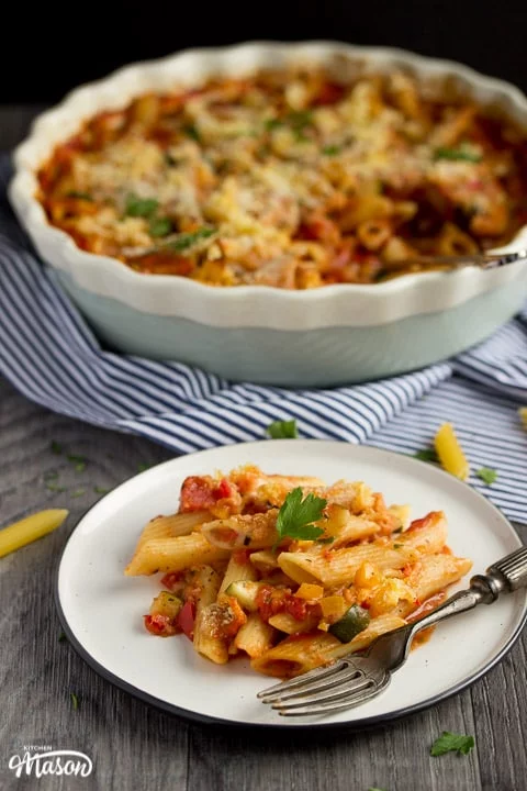 vegetable pasta bake on a plate with a fork