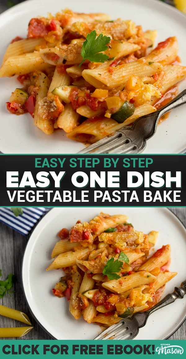 vegetable pasta bake on a plate with a fork