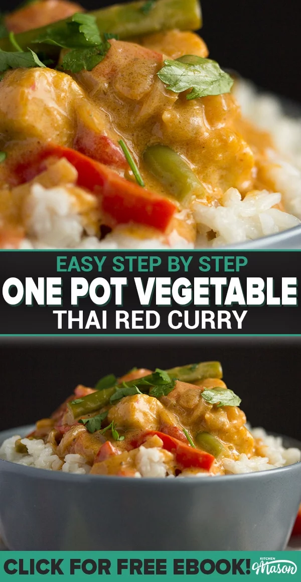 vegetable thai red curry in a grey bowl with rice