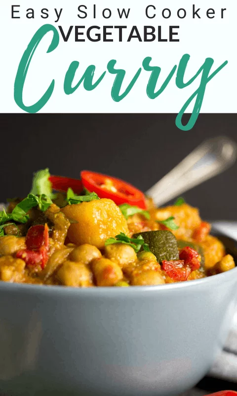 Slow cooker vegetable curry in a bowl topped wth fresh red chilli