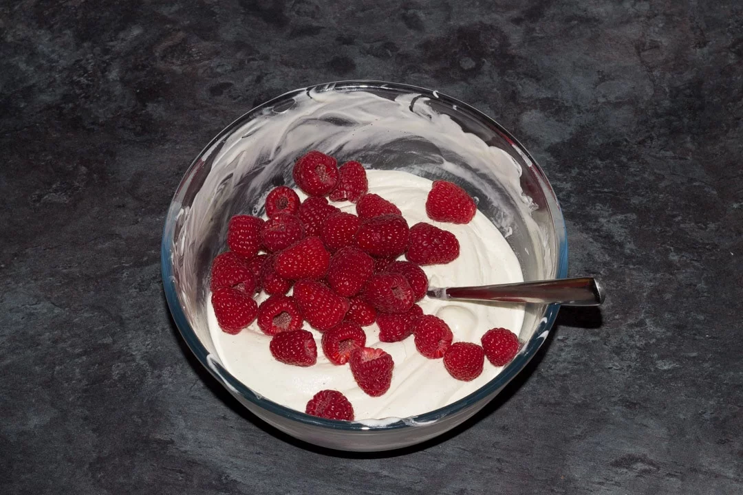 Dairy free vanilla ice cream in a glass bowl with raspberries