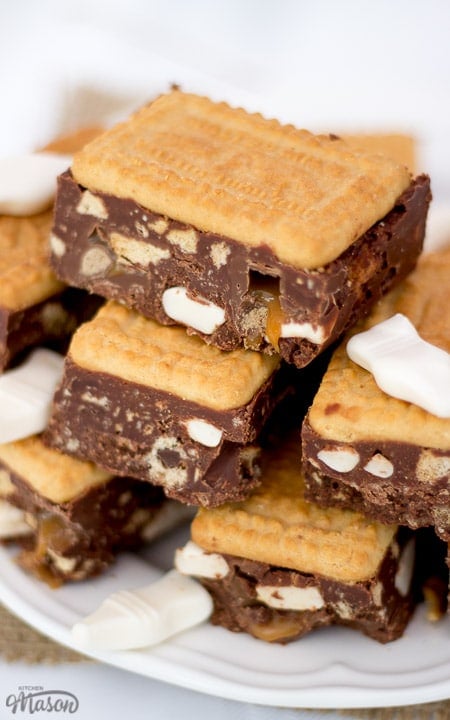 malted milk tiffin in a stack on a white plate