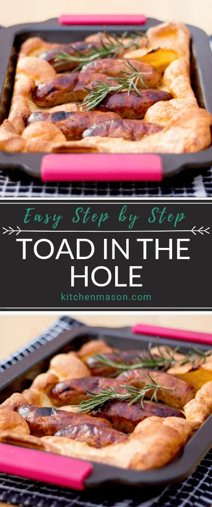 Toad in the hole in a roasting tray on a black and white tea towel