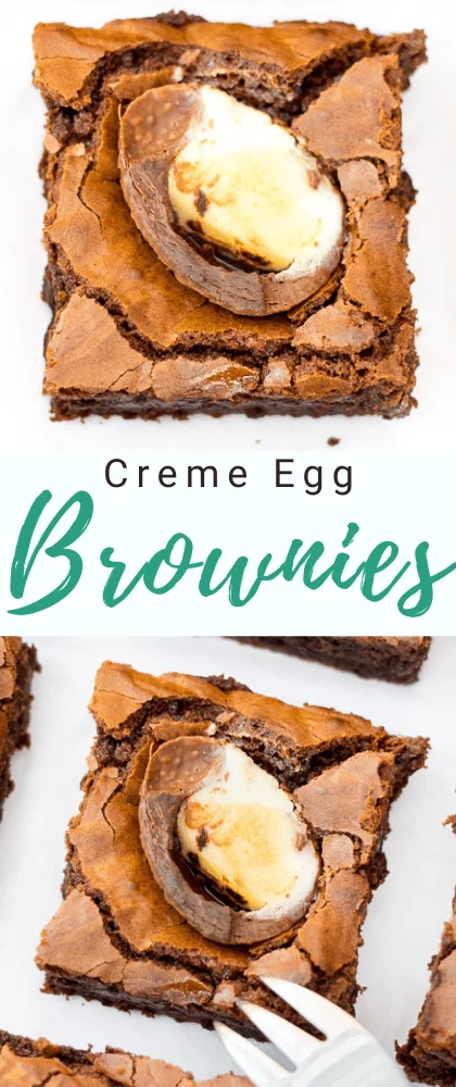 Creme egg brownies cut into squares on a sheet of baking paper with a fork