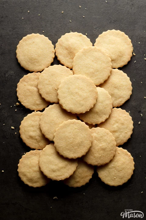 shortbread cookies in a pile on a work surface
