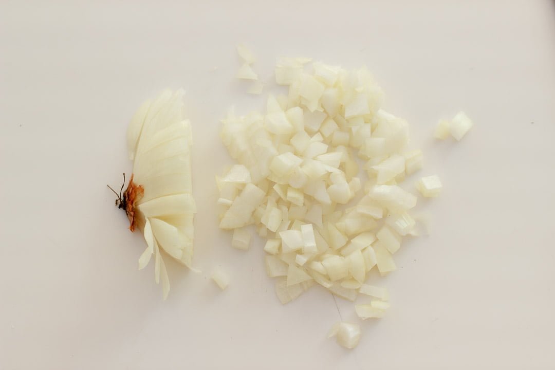 An onion root and diced onion