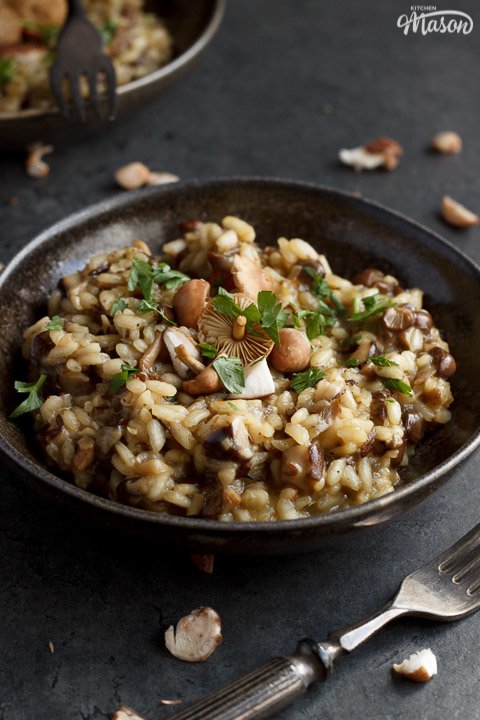 wild mushroom risotto in a bowl topped with fresh parsley