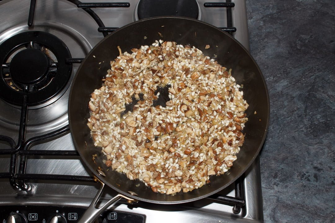 wild mushroom risotto in a large saute pan with white wine cooked out