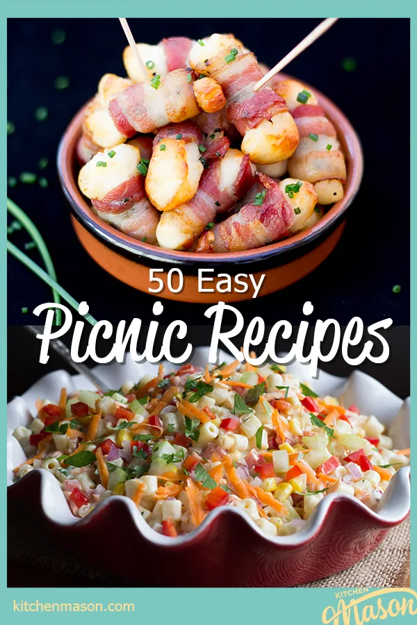Bacon halloumi bites in a bowl with cocktail sticks and a bowl of rainbow pasta salad in a red and white ceramic dish. A text overlay says "50 easy picnic recipes".