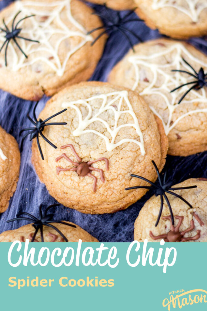 chocolate chip halloween spider cookies on a spider web with black plastic spiders. A text overlay says "chocolate chip spider cookies".