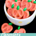 Pumpkin chocolate covered pretzels in a white bowl against a black backdrop. A text overlay says "chocolate pumpkin pretzels".