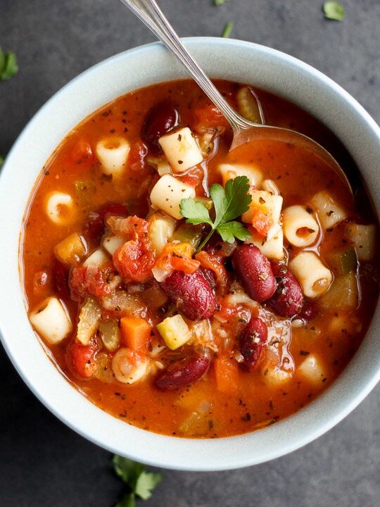 Minestrone Soup in a bowl with a spoon