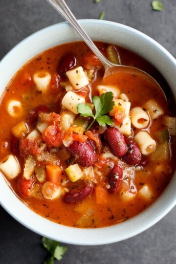 Minestrone Soup in a bowl with a spoon