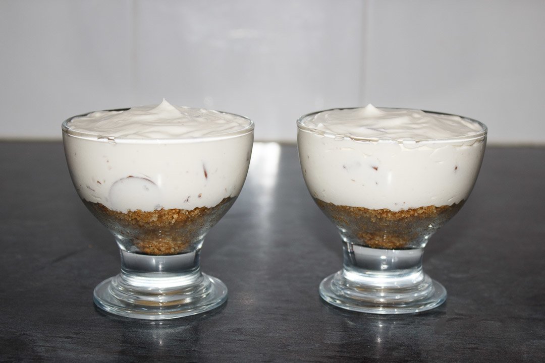 No bake mini malteser cheesecake in glass serving bowls
