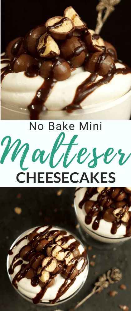 Mini No Bake Malteser Cheesecake in a glass bowl with a gold spoon