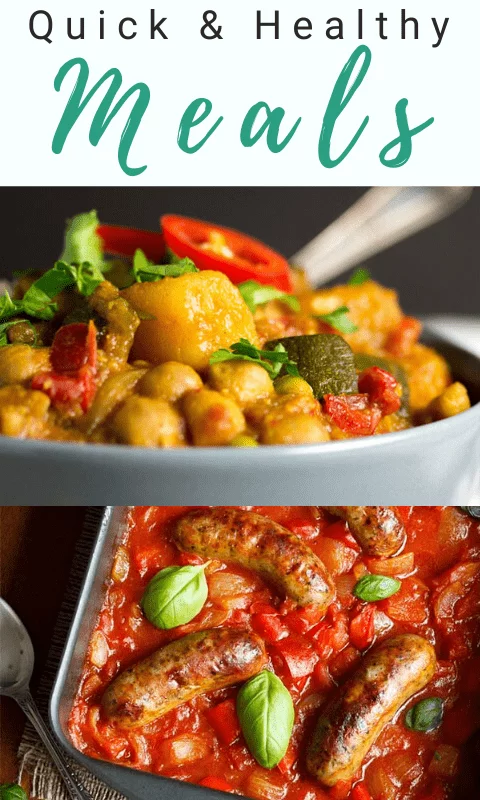Vegetable curry in a bowl and roast sausage casserole in a roasting dish