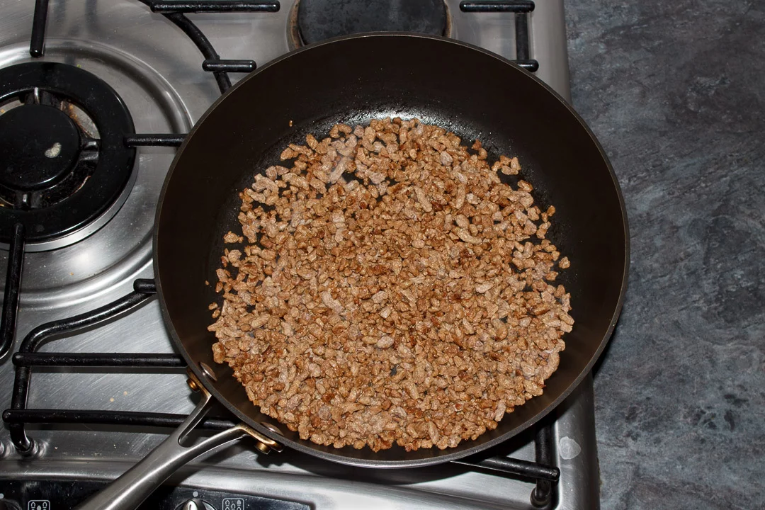 cooked soya mince in a frying pan