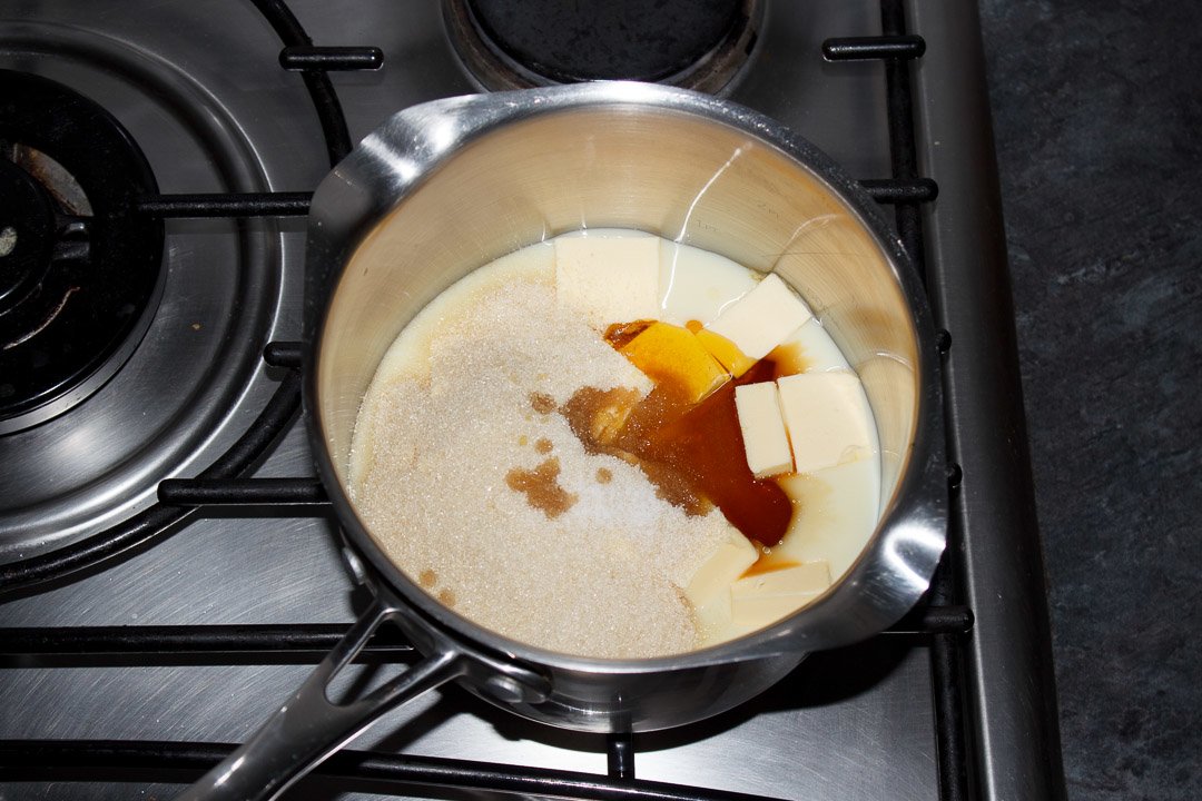 Caramel ingredients in a medium sized saucepan over a low heat