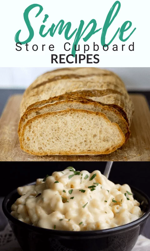 No knead mug bread sliced on a wooden chopping board and macaroni cheese in a black bowl topped with fresh parsley