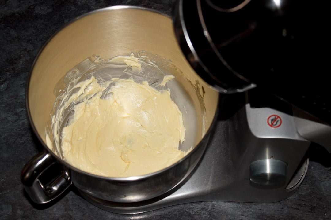 Beaten softened butter in an electric stand mixer