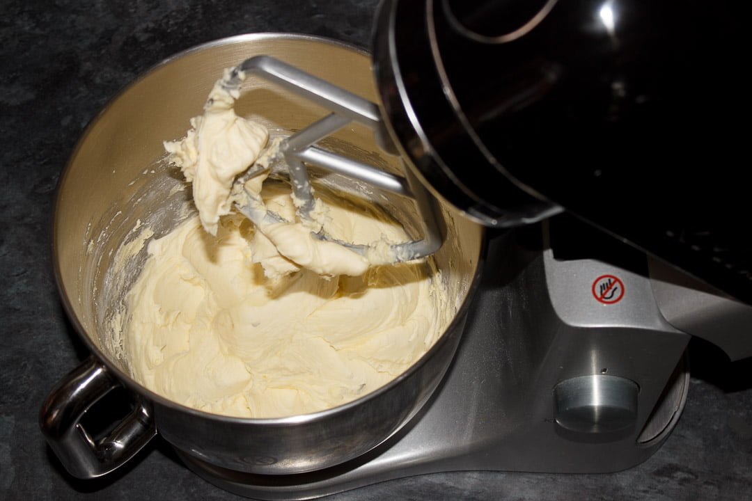 Butter and icing sugar beaten together in an electric stand mixer