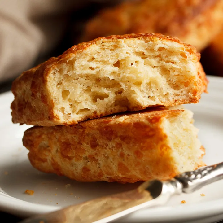 A cheese scone split in half on a plate with a knife. It looks golden, light, and flaky.