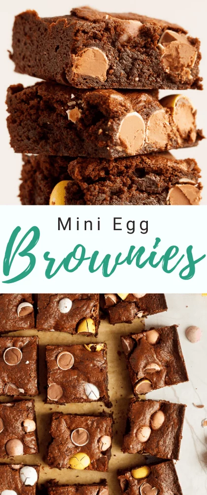A stack of Mini Egg brownies and Mini Egg brownies sliced into bars on baking paper