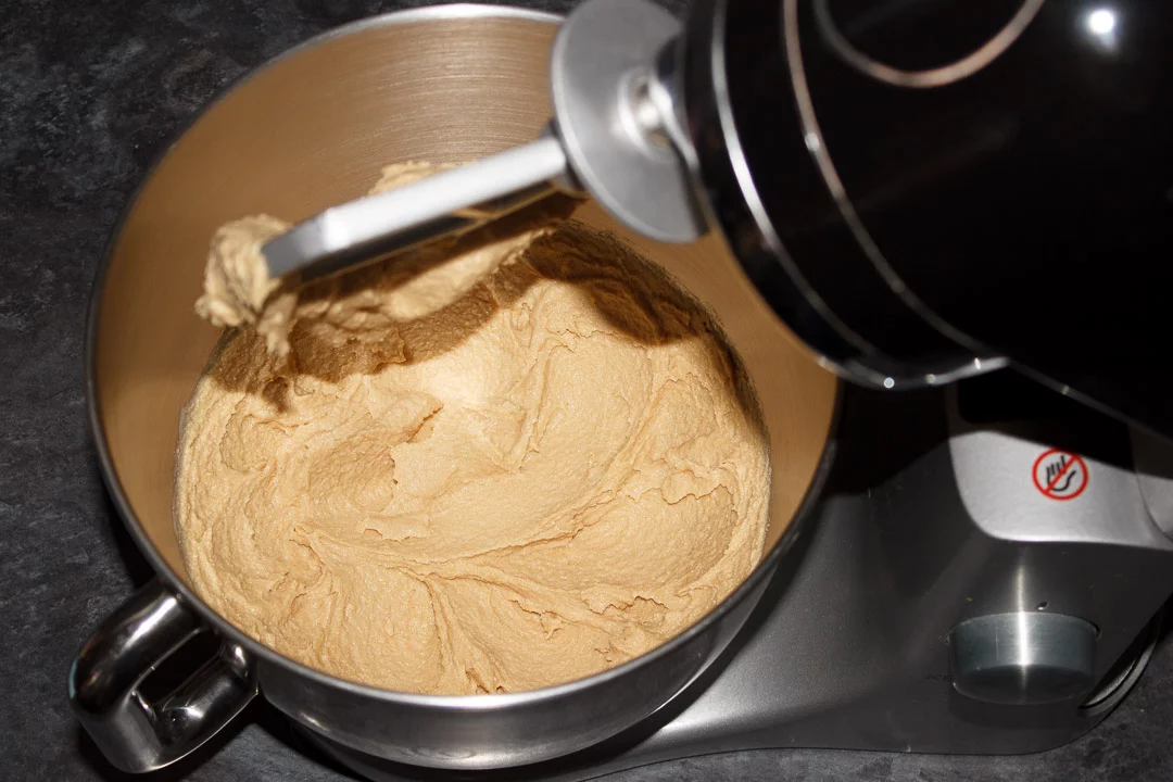 Melted butter, brown sugar and caster sugar beaten until light and fluffy in an electric stand mixer