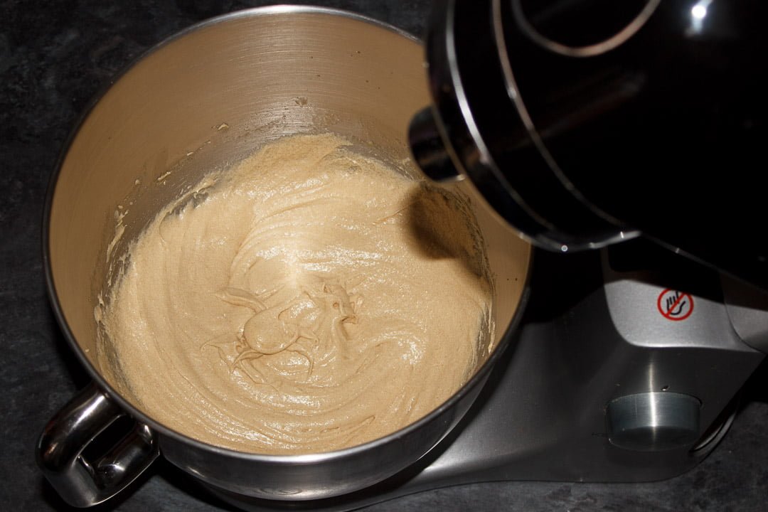 Melted butter, sugar, egg and vanilla beaten until smooth in an electric stand mixer