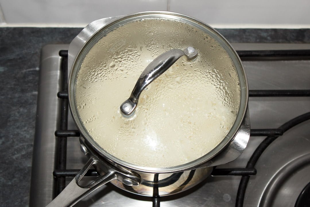 freshly cooked rice in a saucepan with the lid on