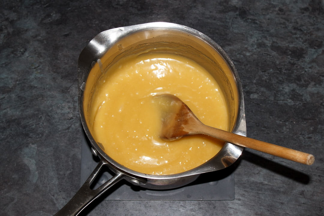 The finished butterscotch tart filling in a large saucepan