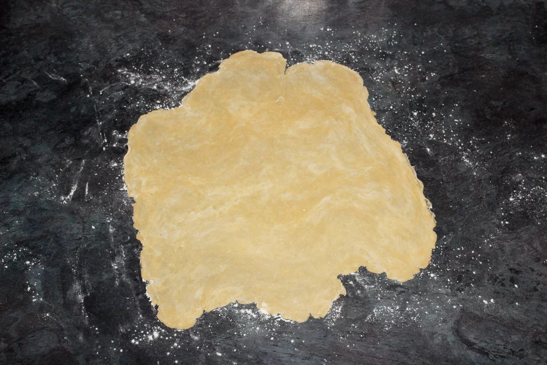 Shortcrust pastry rolled out to 2mm thick on a floured work surface