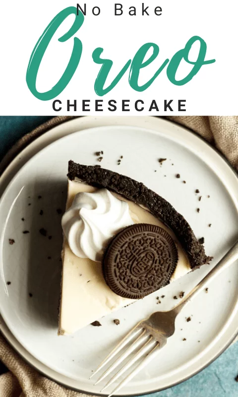 Slice of no bake Oreo cheesecake on a plate with a fork