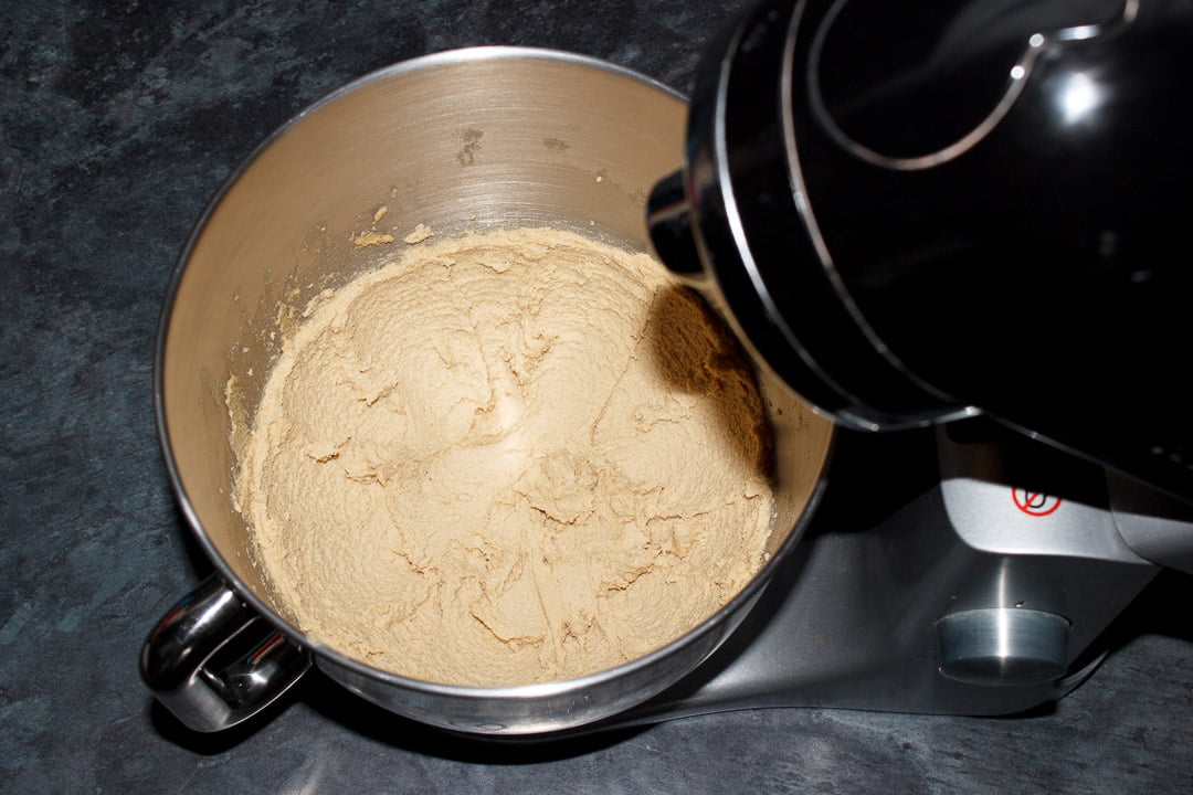 Butter and sugar creamed together in the bowl of an electric stand mixer