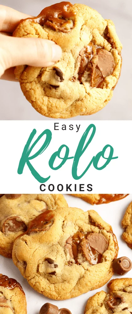Rolo cookies on a white marble worktop with large and small Rolos scattered around them