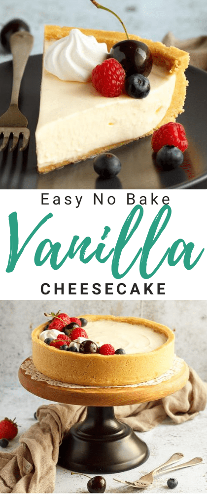 No bake vanilla cheesecake on a cake stand topped with mixed berries, surrounded by a light brown napkin and two forks