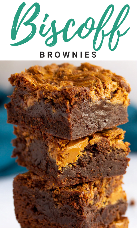 A stack of 3 Biscoff Brownies with a blue linen napkin in the background