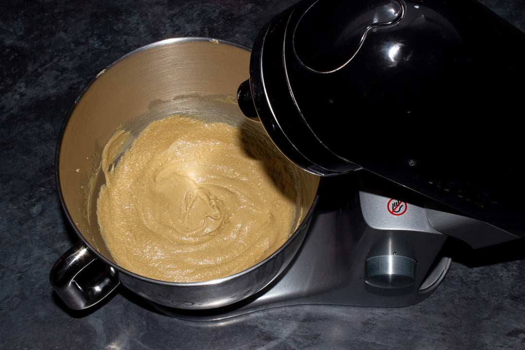 Brown sugar, butter and egg blended together in an electric stand mixer