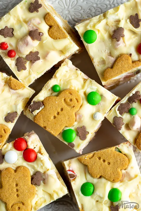 Close up of Christmas rocky road squares on a lace white plate