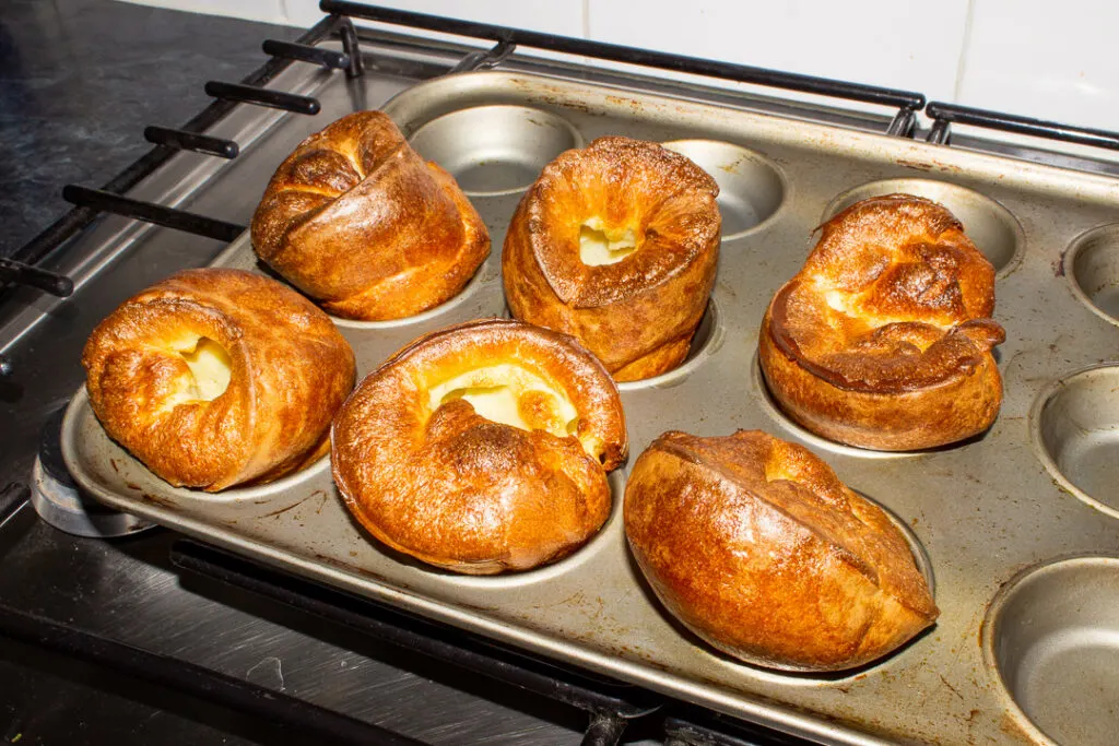 Baked Yorkshire puddings in a Yorkshire pudding pan (these had been rested for 4 hours)
