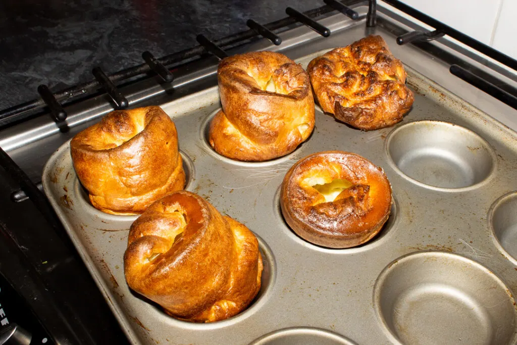 Baked Yorkshire puddings in a Yorkshire pudding pan (these had been rested for 1 hour)