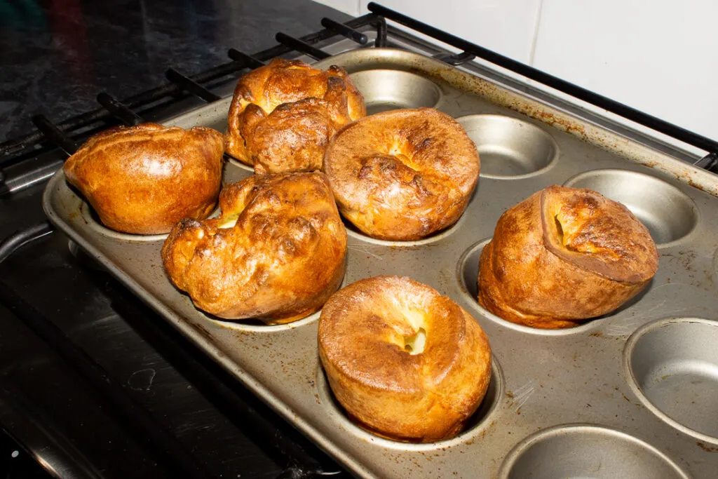 Baked Yorkshire puddings in a Yorkshire pudding pan (these had been rested for 2 hours)